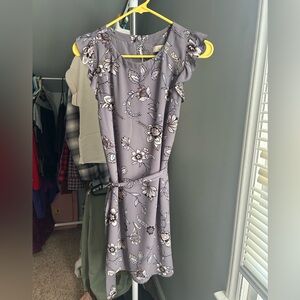 LOFT Lavender-Gray Floral Midi Dress with Ruffle Sleeves